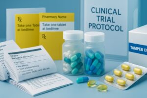 Clinical trial setting with drugs and instructions