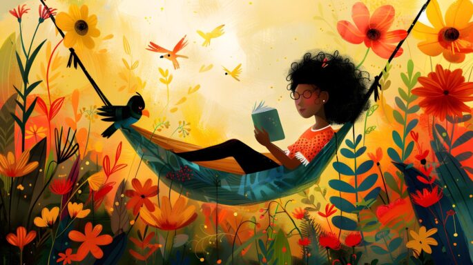 Drawing of a girl on a hammock reading a book.